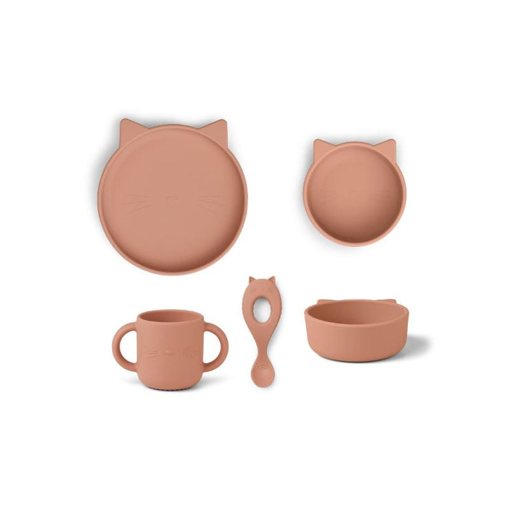 LIEWOOD - Set de vaisselle bébé en silicone - chat rose - pratique et résistante